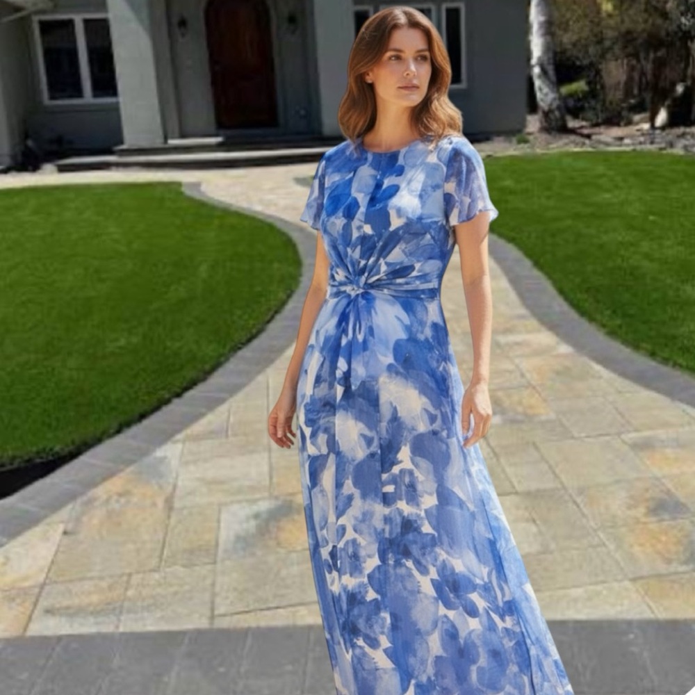 NWT DKNY size 6 blue/white printed flutter sleeve midi dress - Picture 9 of 13